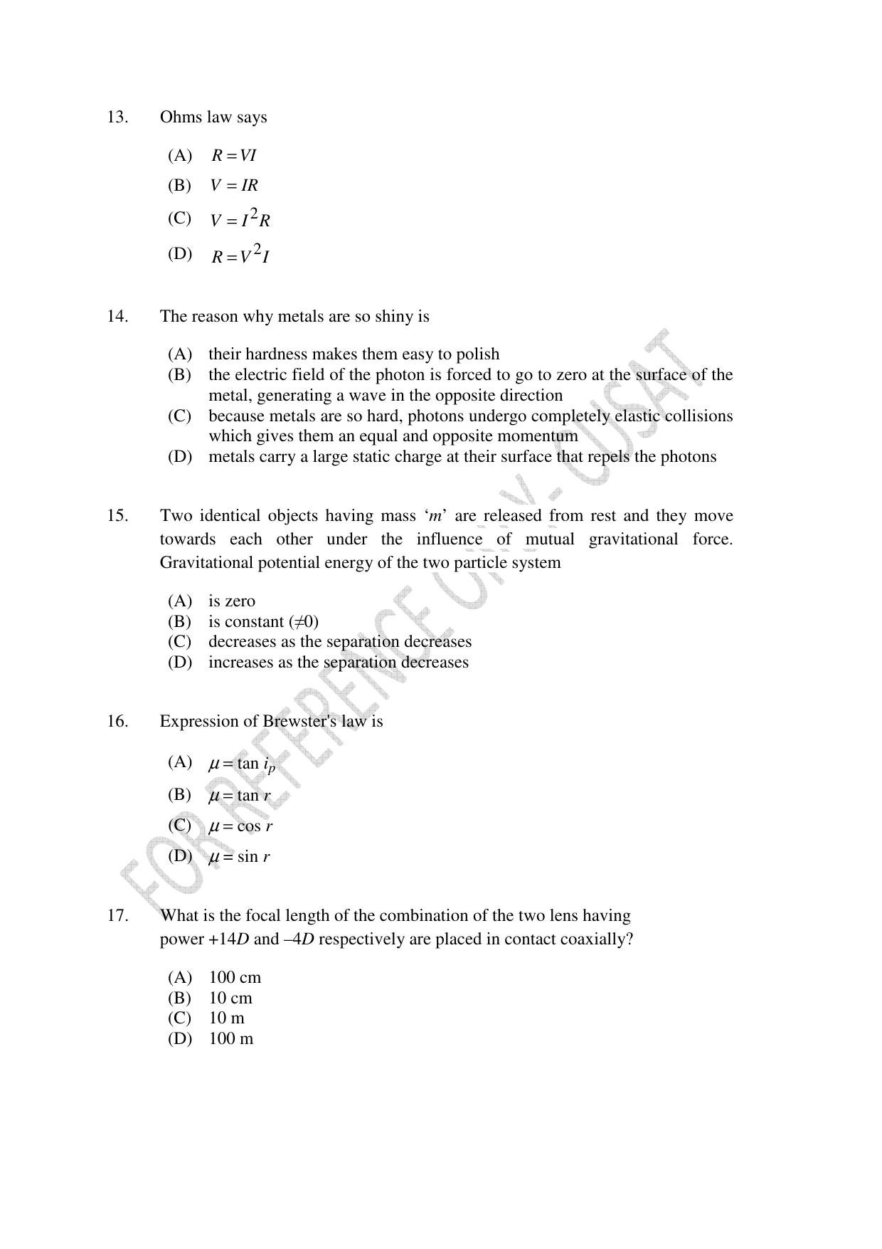 CUSAT CAT 2022 Test in Physics Chemistry and Mathematics for B Tech (Second Shift) Question Paper - Page 3