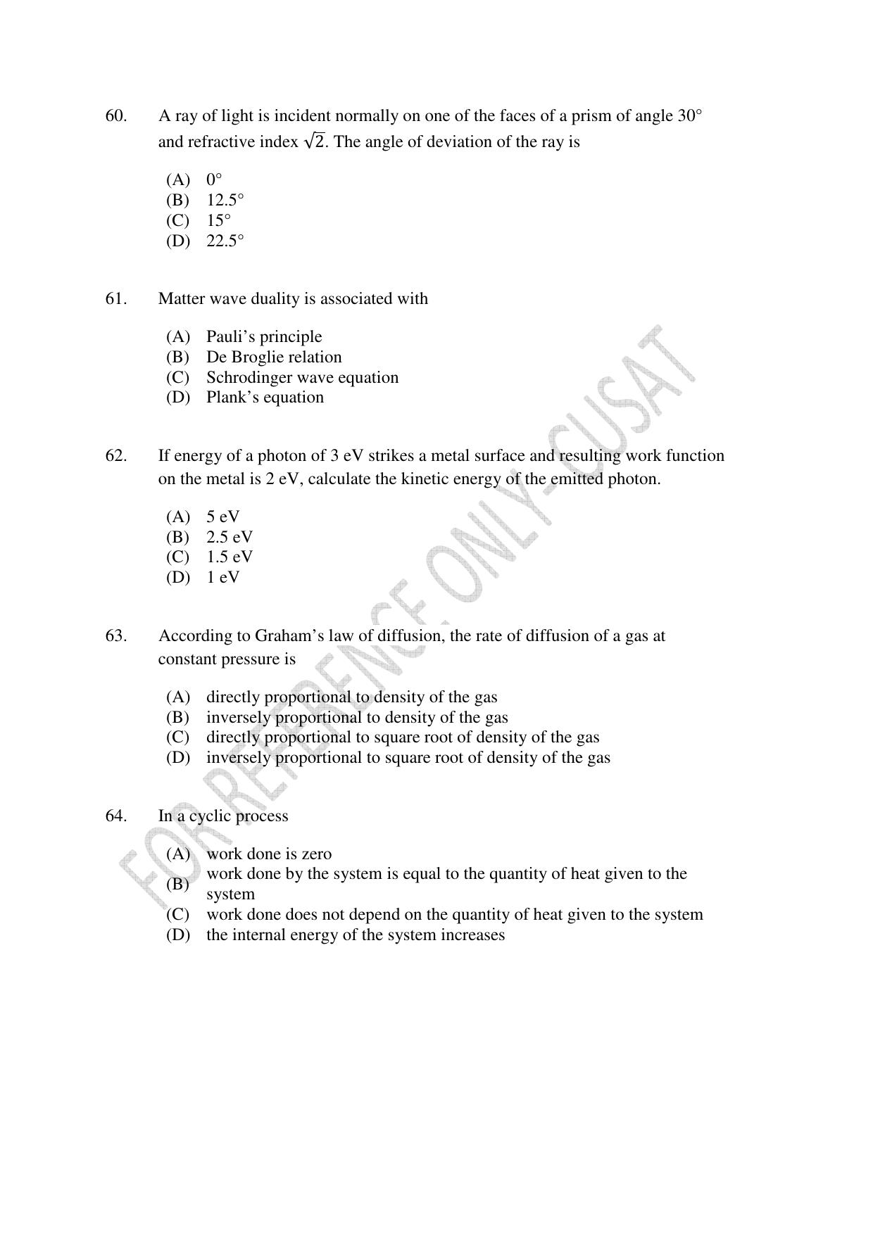 CUSAT CAT 2022 Test in Physics Chemistry and Mathematics for B Tech (Second Shift) Question Paper - Page 13