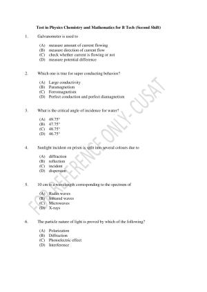 CUSAT CAT 2022 Test in Physics Chemistry and Mathematics for B Tech (Second Shift) Question Paper