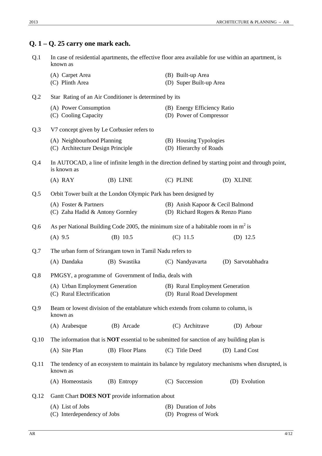 GATE 2013 Architecture and Planning (AR) Question Paper with Answer Key - Page 4