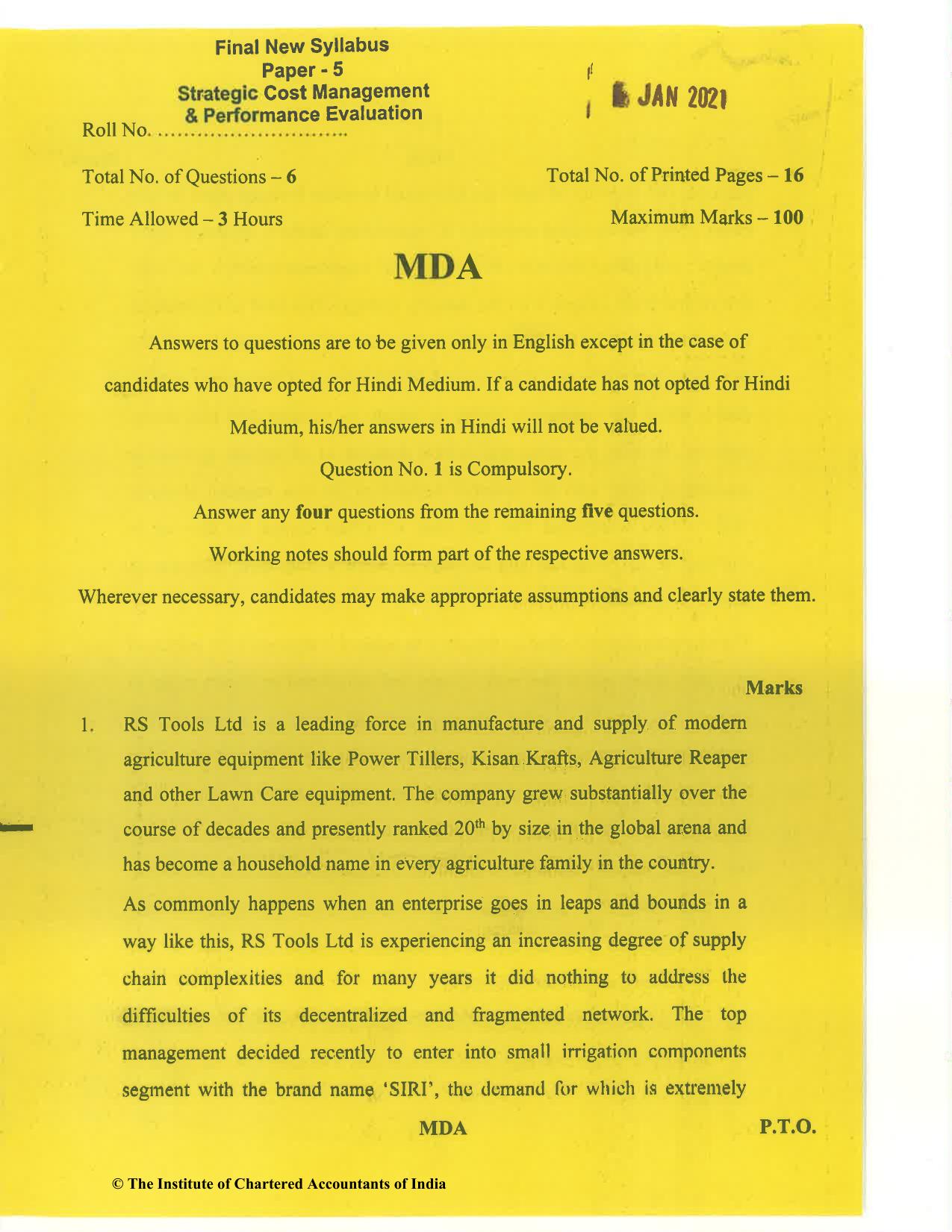 CA Final Jan 2021 Question Paper - Paper 5 – Strategic Cost Management and Performance Evaluation - Page 1