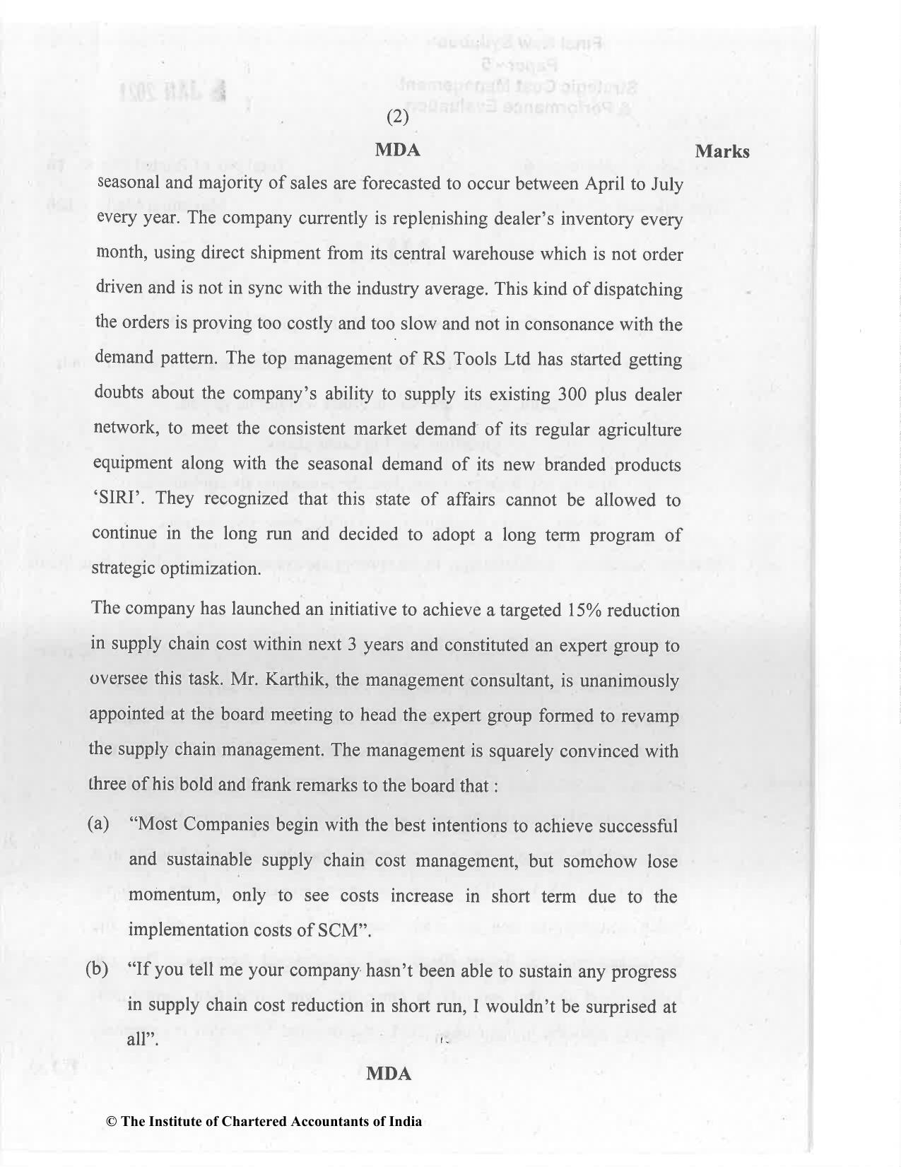 CA Final Jan 2021 Question Paper - Paper 5 – Strategic Cost Management and Performance Evaluation - Page 2