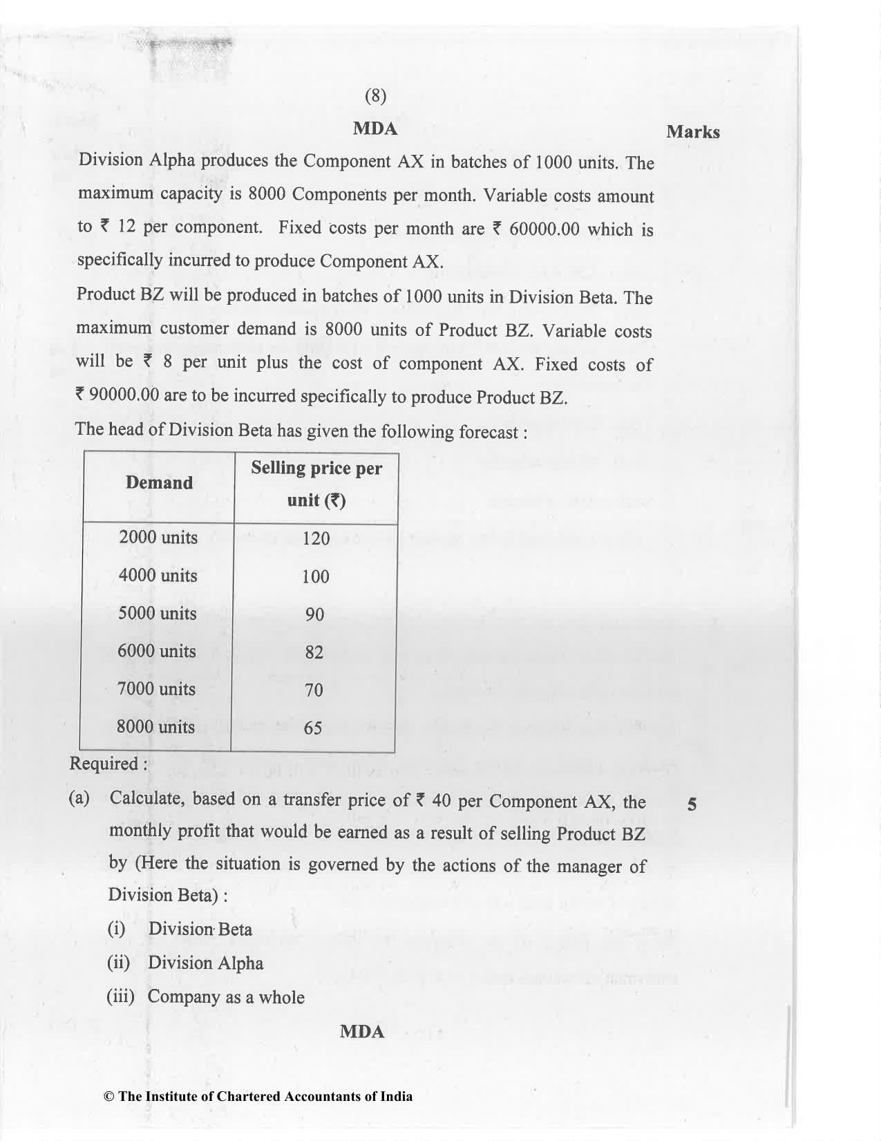 CA Final Jan 2021 Question Paper - Paper 5 – Strategic Cost Management and Performance Evaluation - Page 8