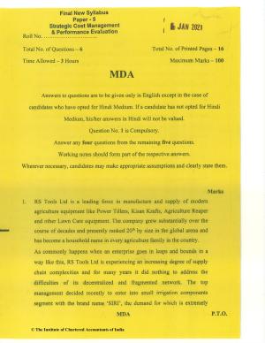 CA Final Jan 2021 Question Paper - Paper 5 – Strategic Cost Management and Performance Evaluation