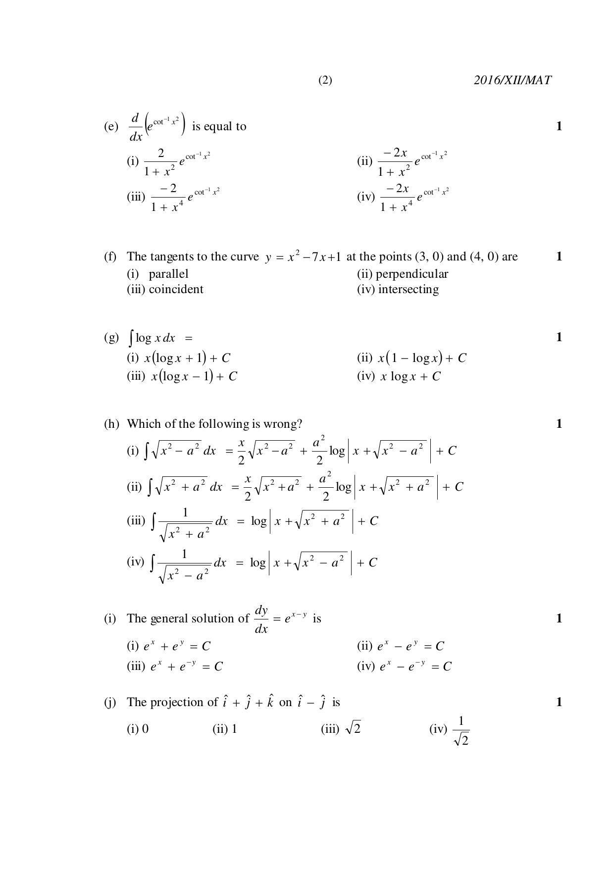 Nagaland Board Class 12 MATHEMATICS 2016 Question Papers - Page 2