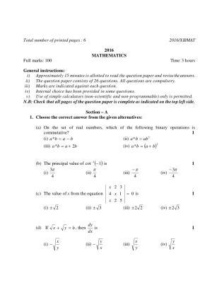 Nagaland Board Class 12 MATHEMATICS 2016 Question Papers