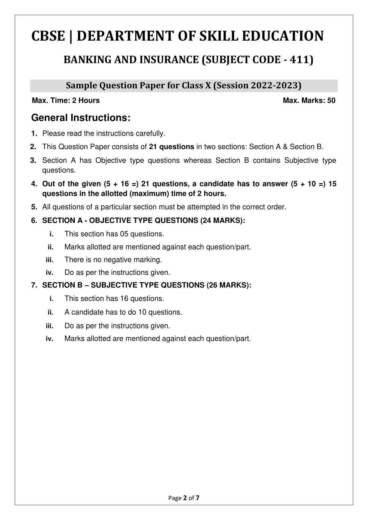 CBSE Class 10 (Skill Education) Banking & Insurance Sample Papers 2023 - Page 2