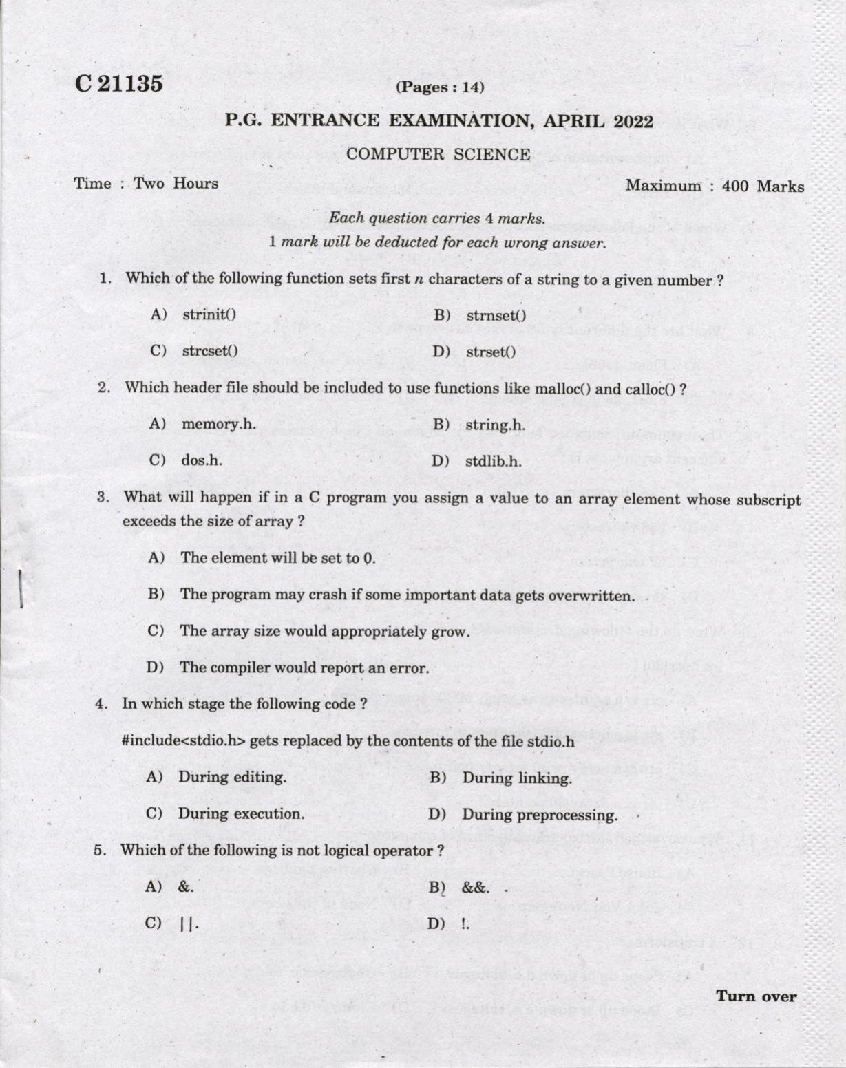 CUCAT 2022 M.Sc.Computer Science Question Paper - Page 1