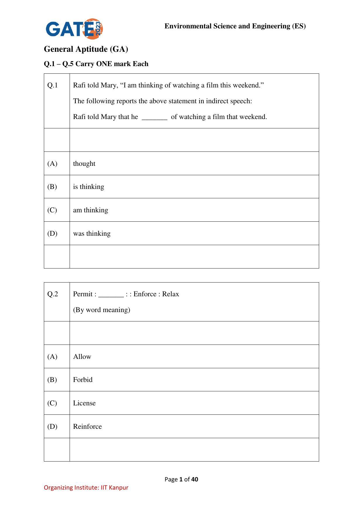 GATE 2023 Environmental Science & Engineering (ES) Question Paper - Page 1