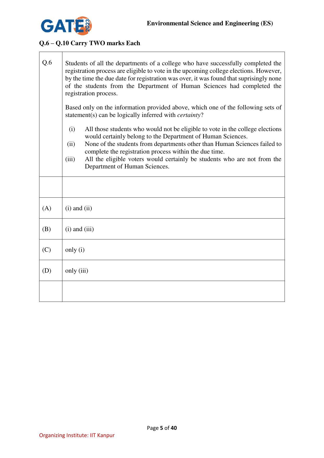 GATE 2023 Environmental Science & Engineering (ES) Question Paper - Page 5