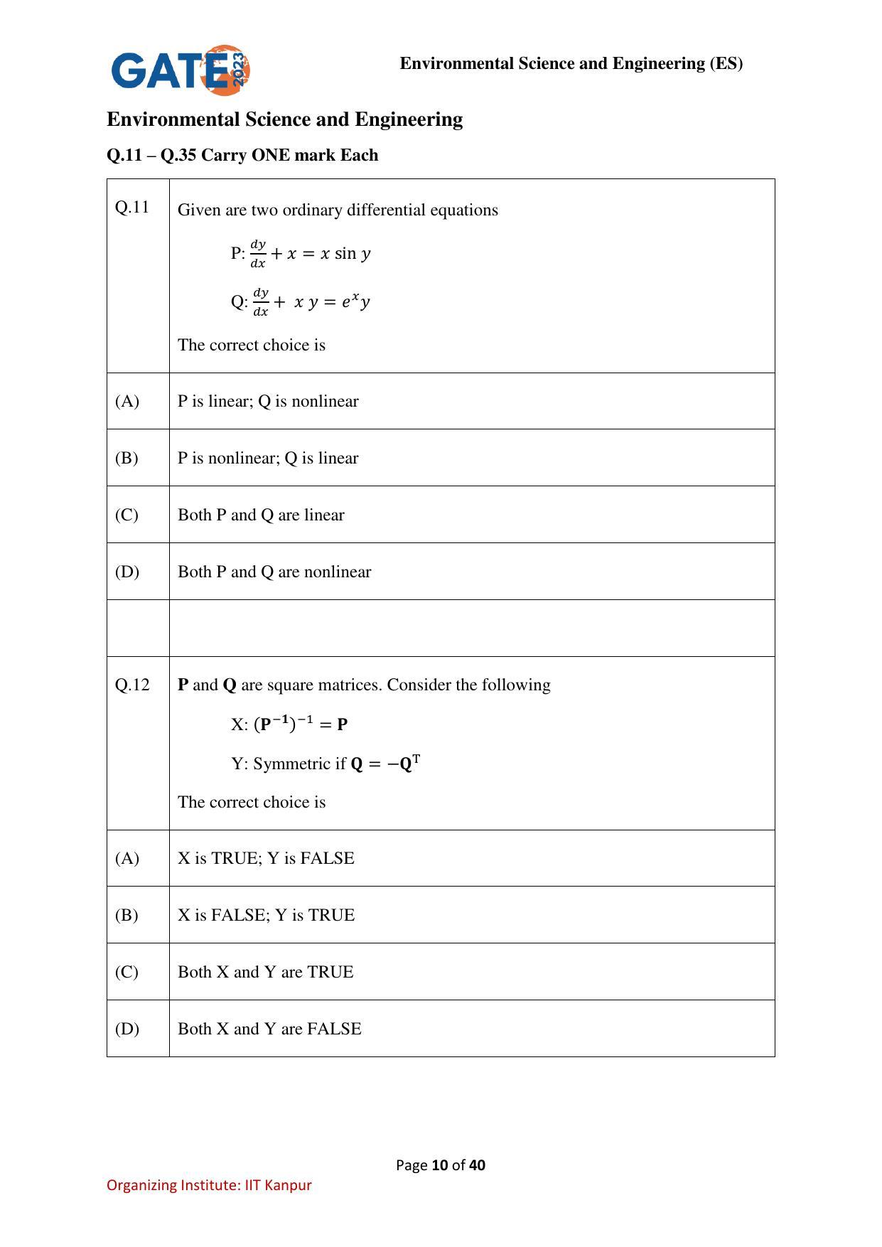 GATE 2023 Environmental Science & Engineering (ES) Question Paper - Page 10