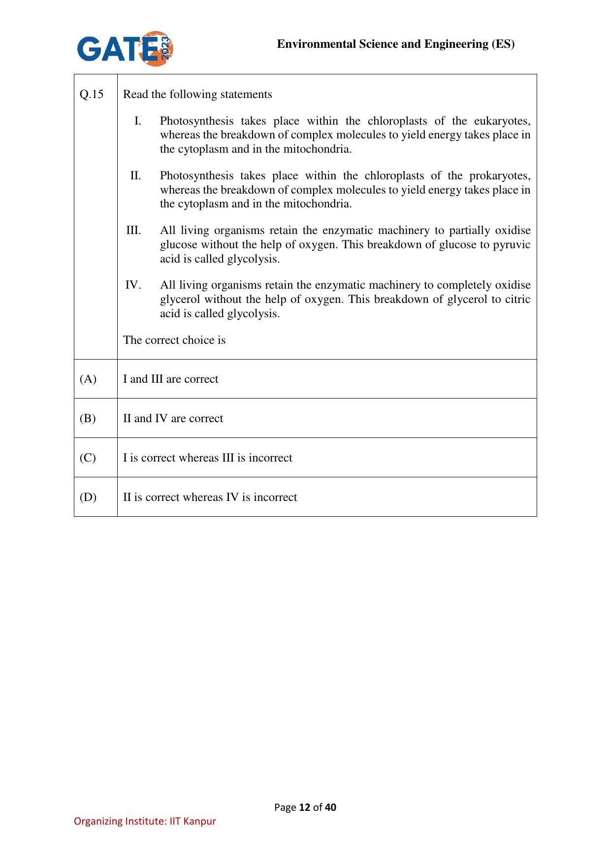 GATE 2023 Environmental Science & Engineering (ES) Question Paper - Page 12