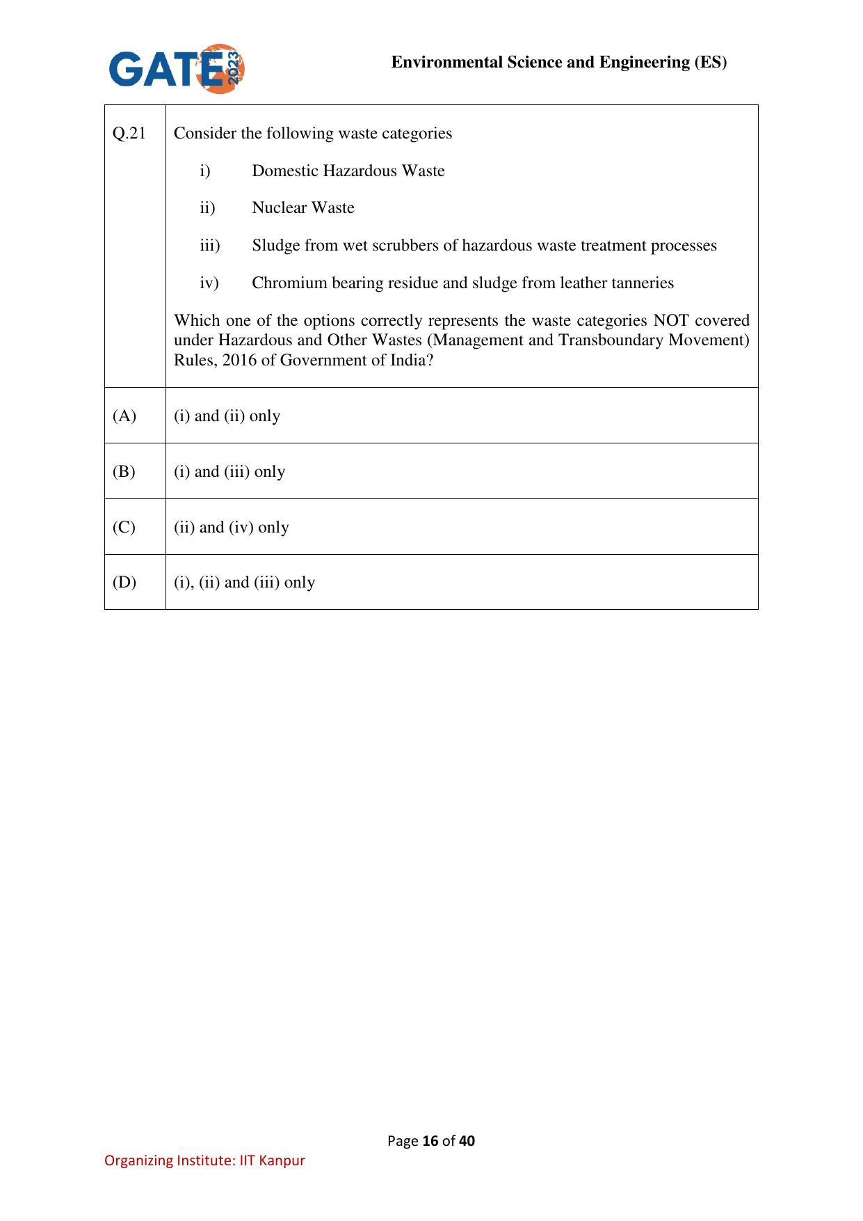 GATE 2023 Environmental Science & Engineering (ES) Question Paper - Page 16