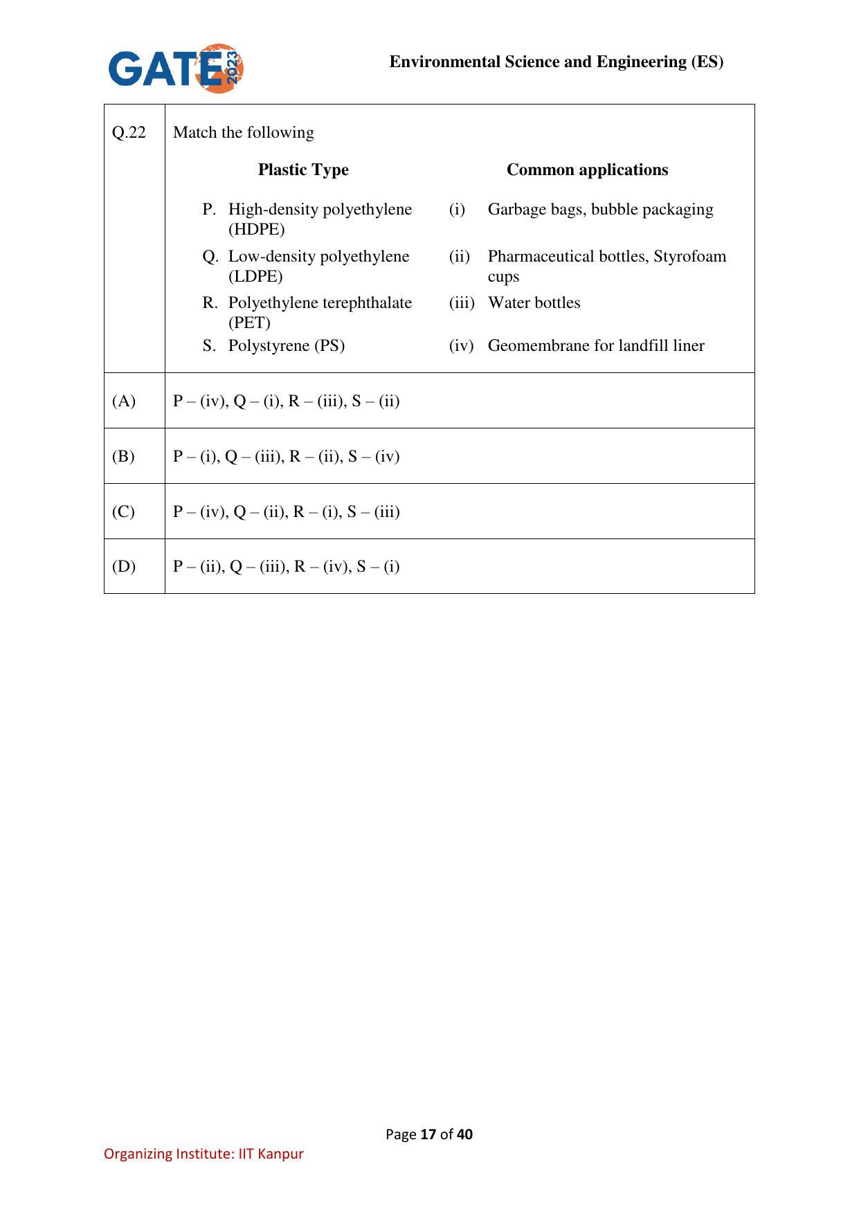 GATE 2023 Environmental Science & Engineering (ES) Question Paper - Page 17