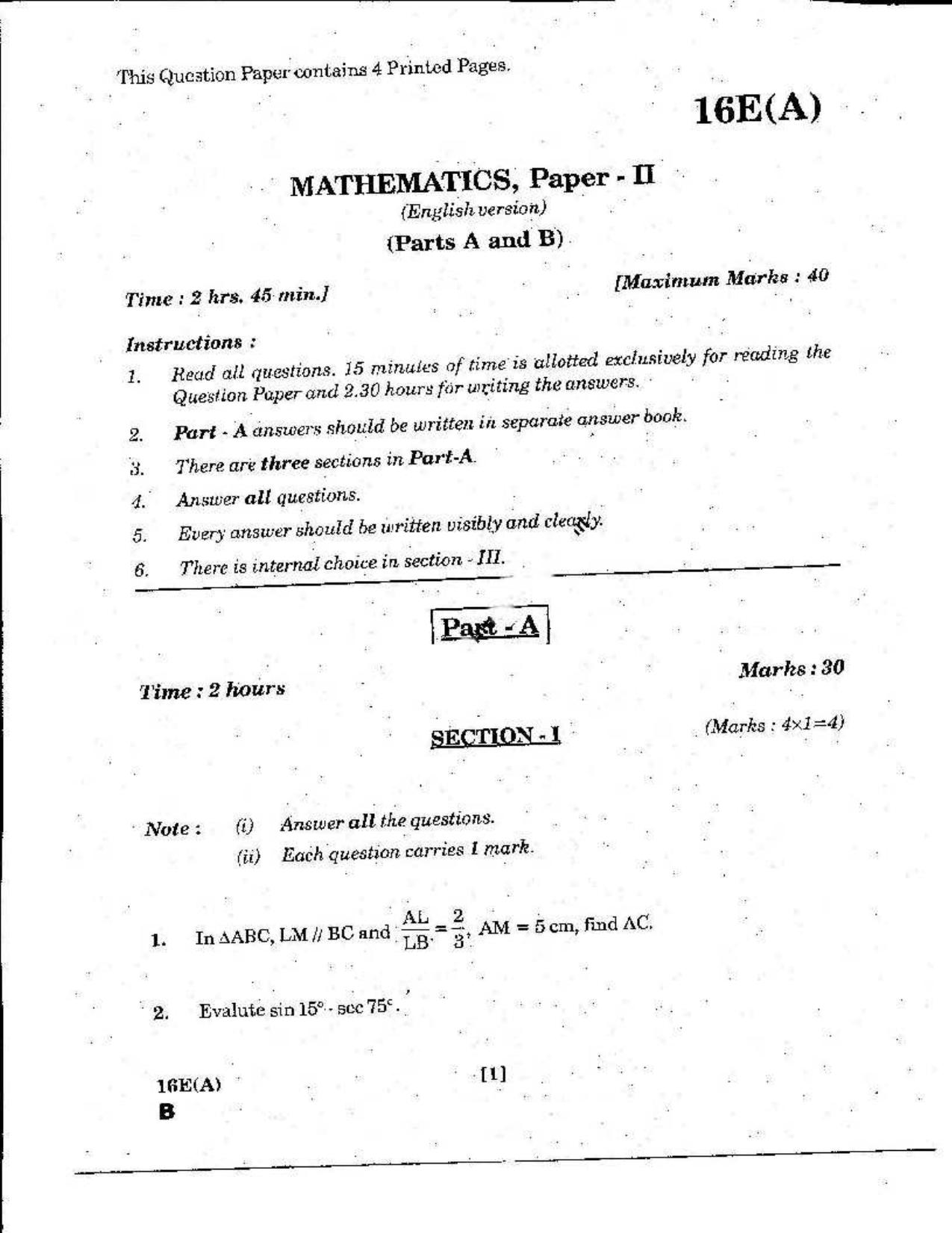 AP Class 10 Maths (Paper II) 2019 Question Paper - Page 1