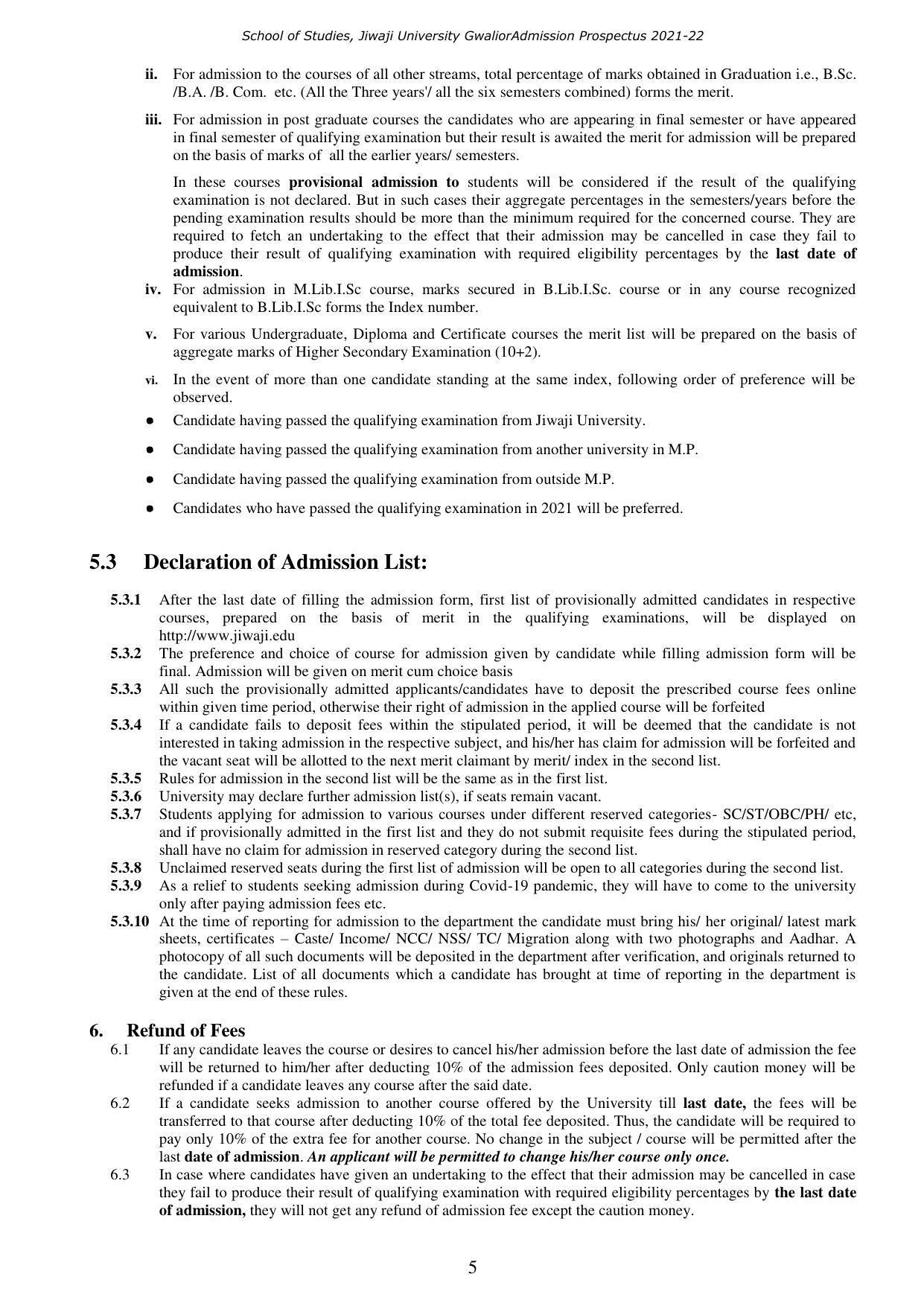 Jiwaji University, Gwalior UG/PG Admission 2021-22 - Page 5