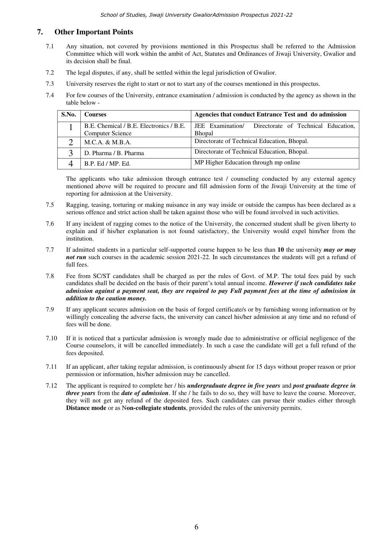 Jiwaji University, Gwalior UG/PG Admission 2021-22 - Page 6