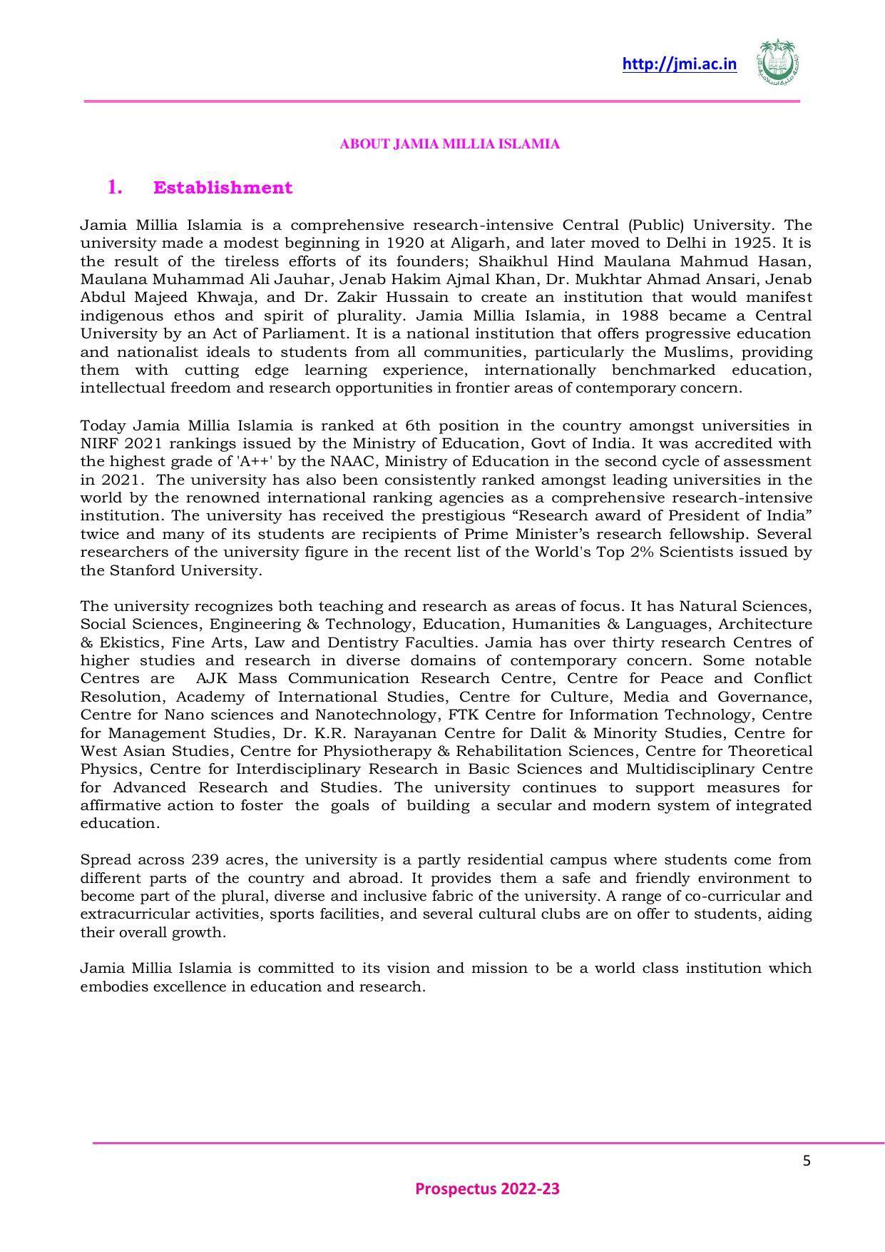 Jamia Millia Islamia University, Delhi -2022-23 (Prospectus) - Page 6