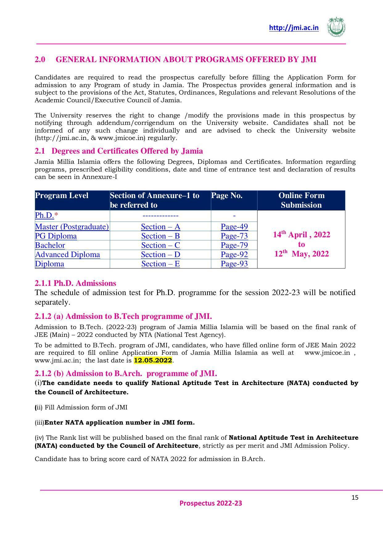 Jamia Millia Islamia University, Delhi -2022-23 (Prospectus) - Page 16