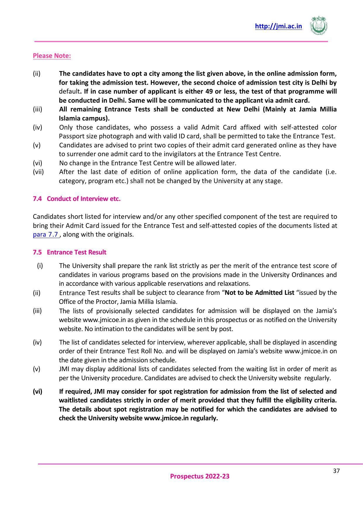 Jamia Millia Islamia University, Delhi -2022-23 (Prospectus) - Page 38