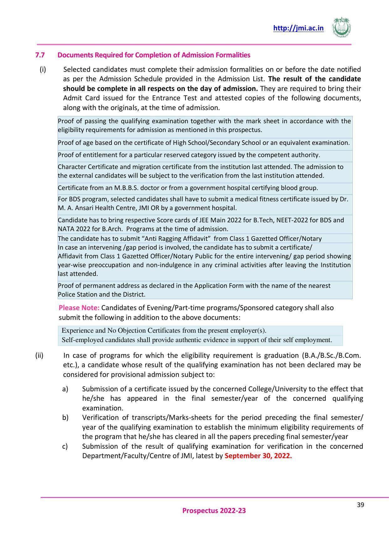 Jamia Millia Islamia University, Delhi -2022-23 (Prospectus) - Page 40