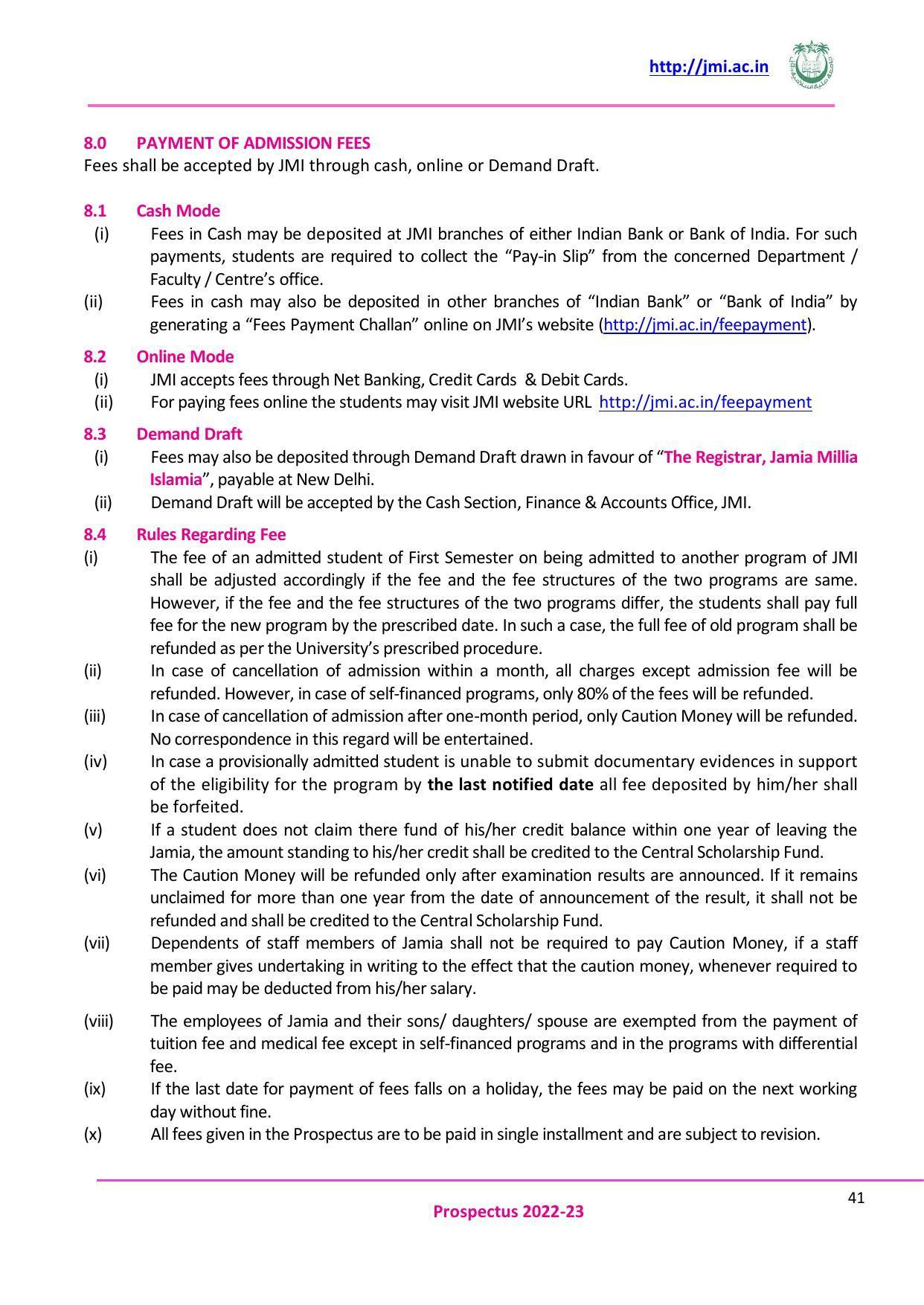Jamia Millia Islamia University, Delhi -2022-23 (Prospectus) - Page 42