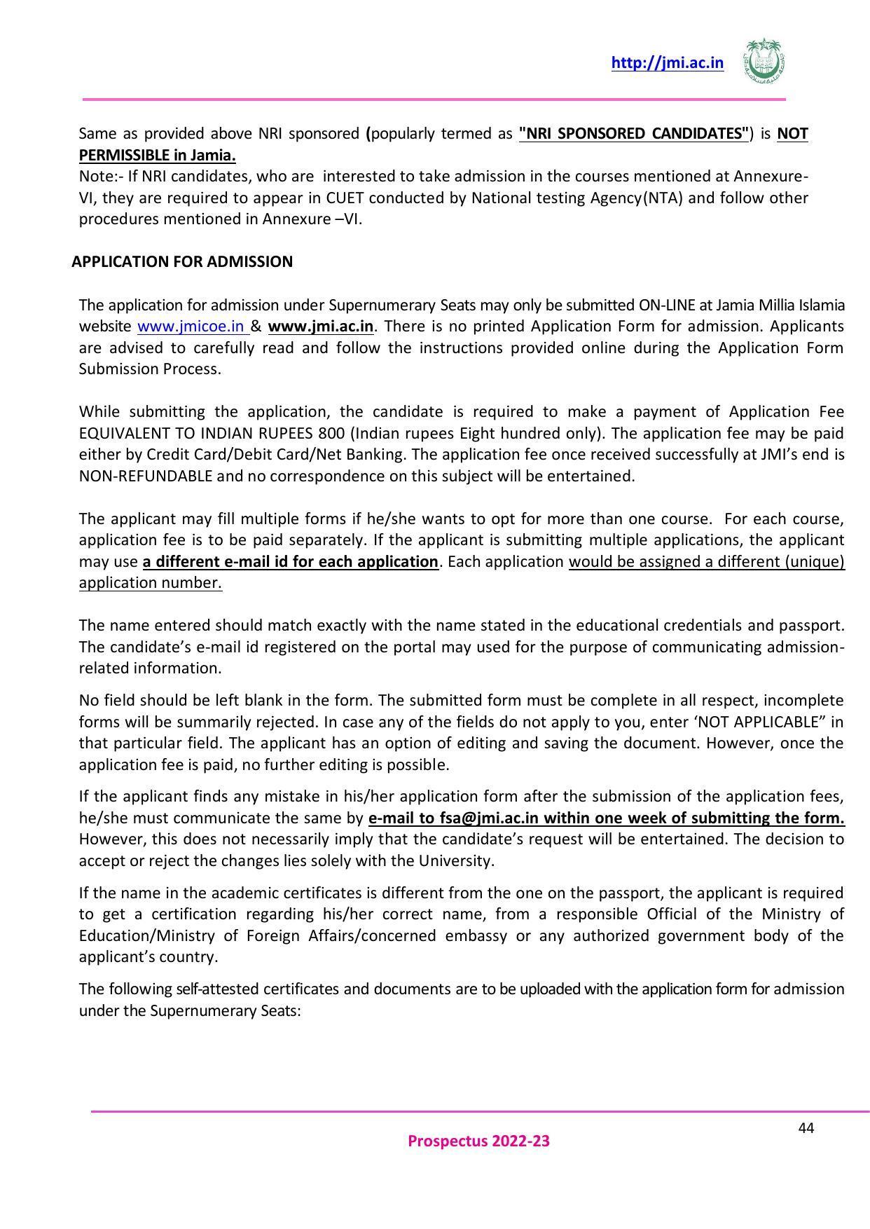 Jamia Millia Islamia University, Delhi -2022-23 (Prospectus) - Page 45