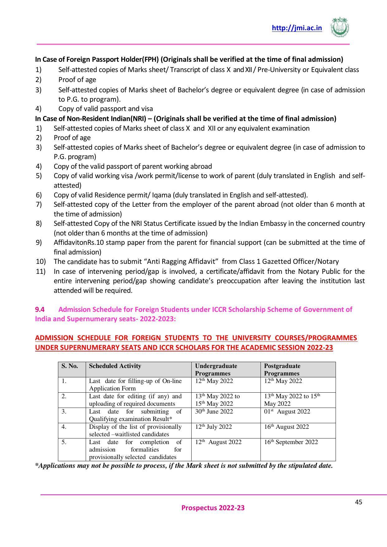 Jamia Millia Islamia University, Delhi -2022-23 (Prospectus) - Page 46