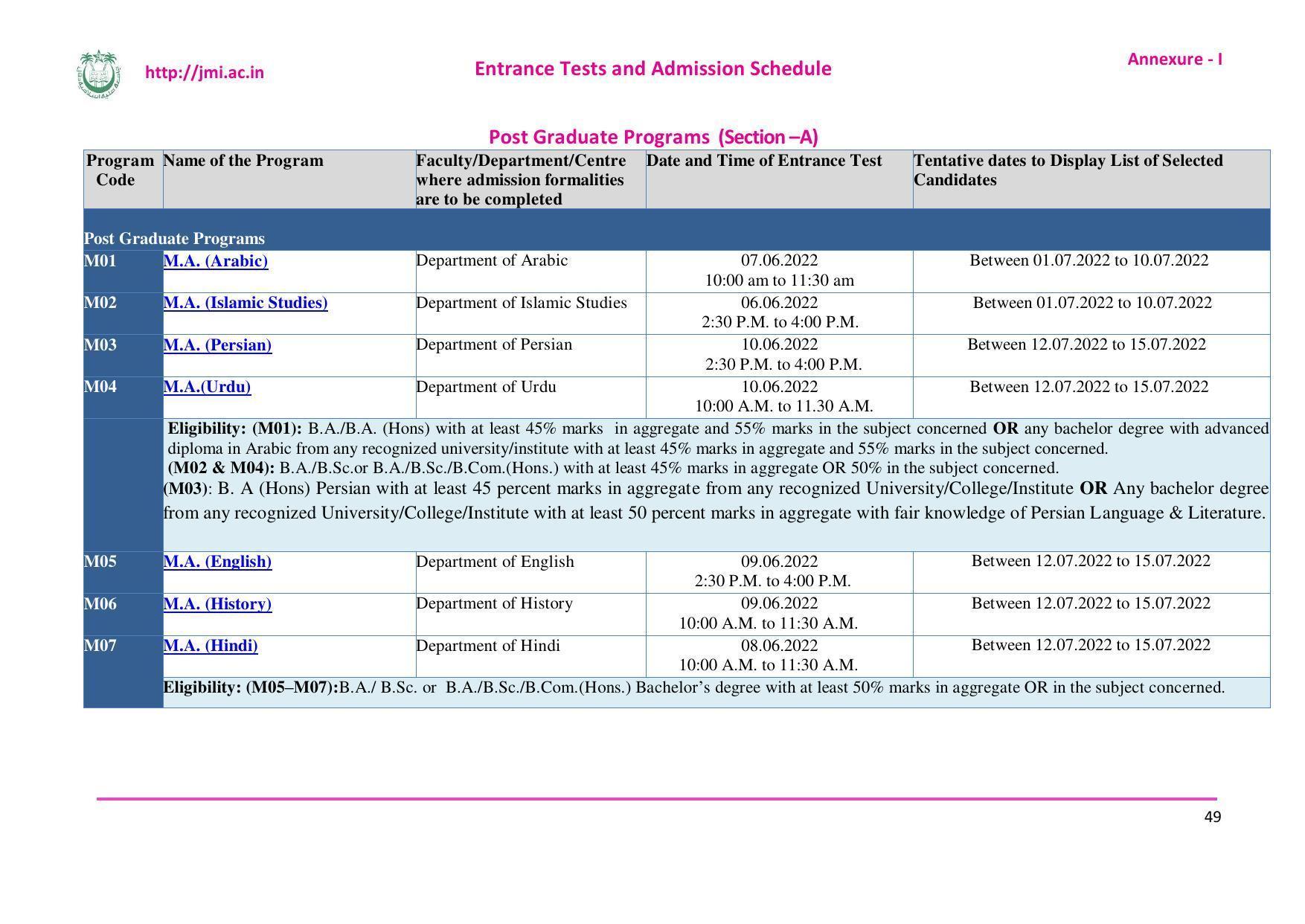 Jamia Millia Islamia University, Delhi -2022-23 (Prospectus) - Page 50