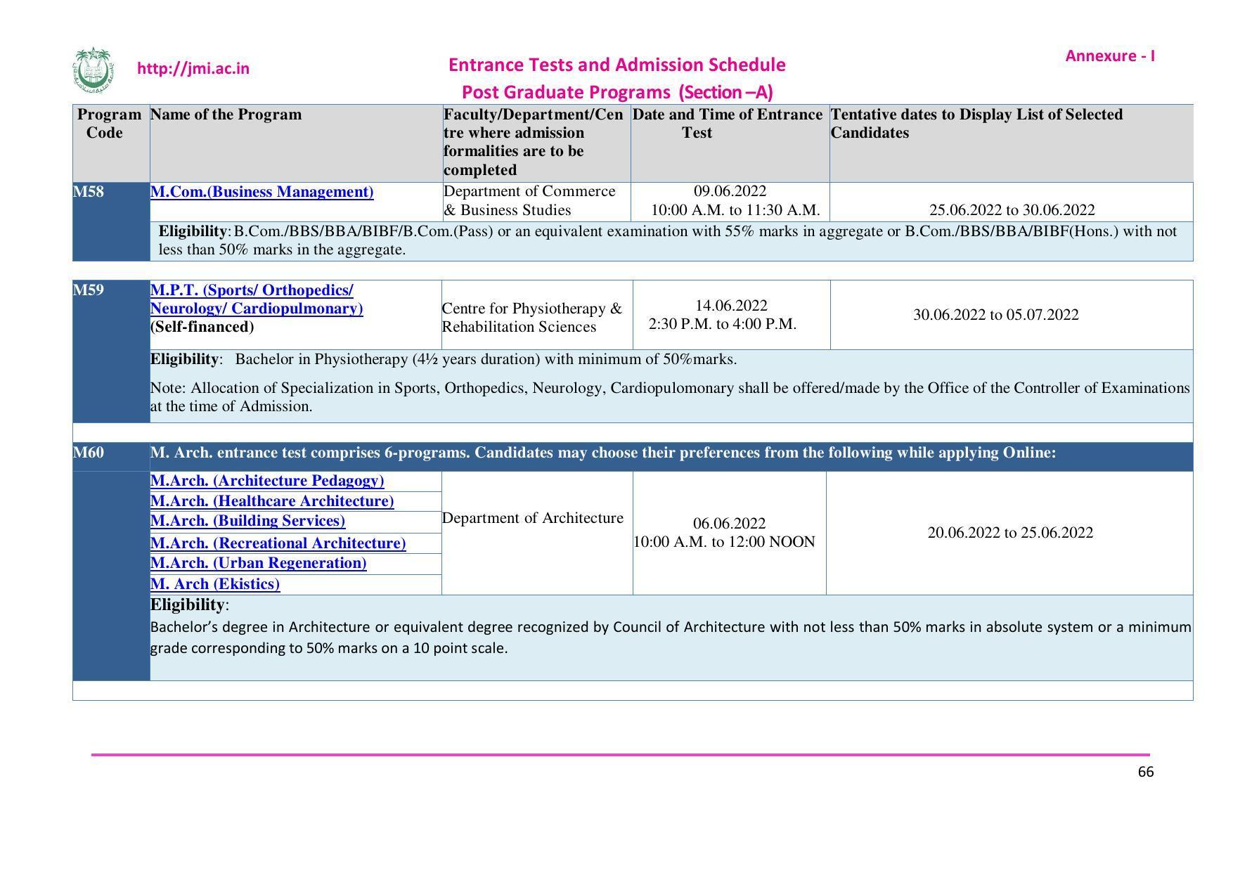 Jamia Millia Islamia University, Delhi -2022-23 (Prospectus) - Page 67