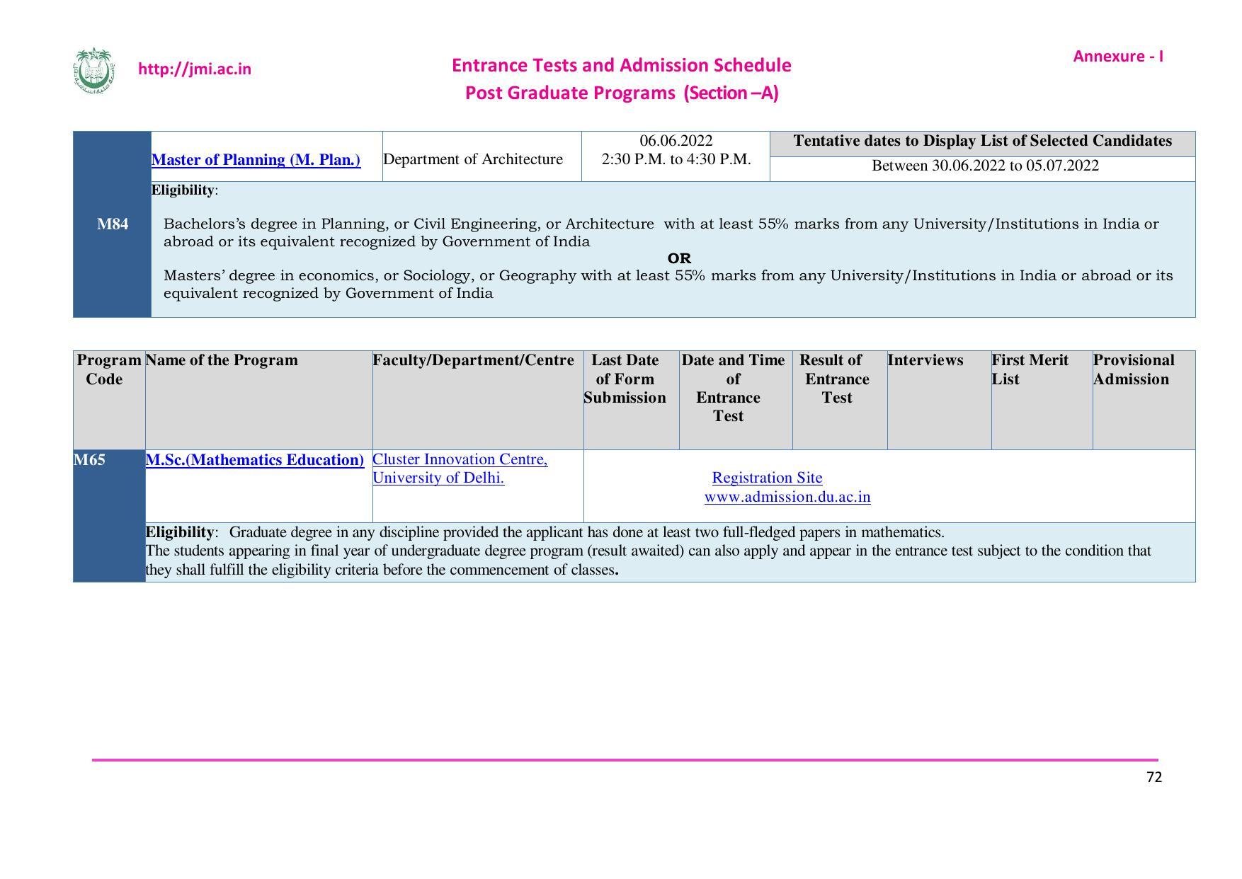 Jamia Millia Islamia University, Delhi -2022-23 (Prospectus) - Page 73