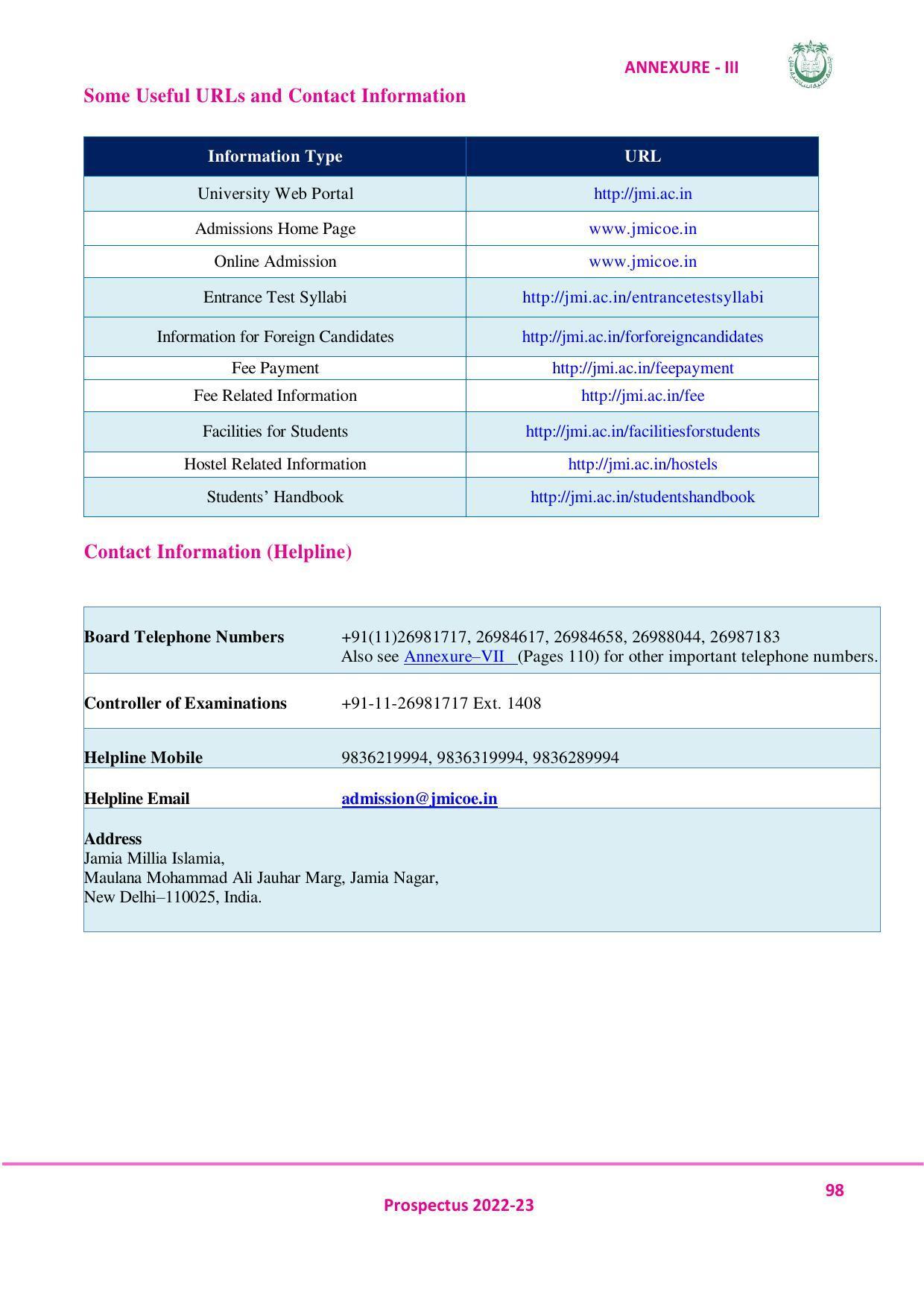 Jamia Millia Islamia University, Delhi -2022-23 (Prospectus) - Page 99