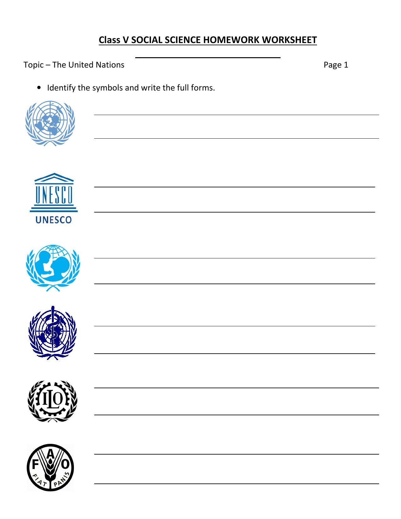 Worksheet for Class 5 Social Science The United Nations Assignment - Page 1