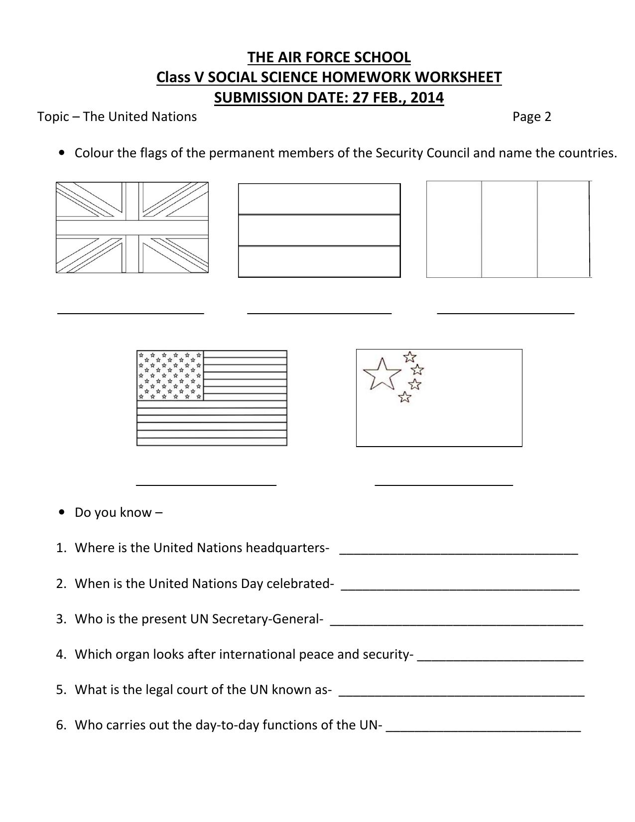 Worksheet for Class 5 Social Science The United Nations Assignment - Page 2