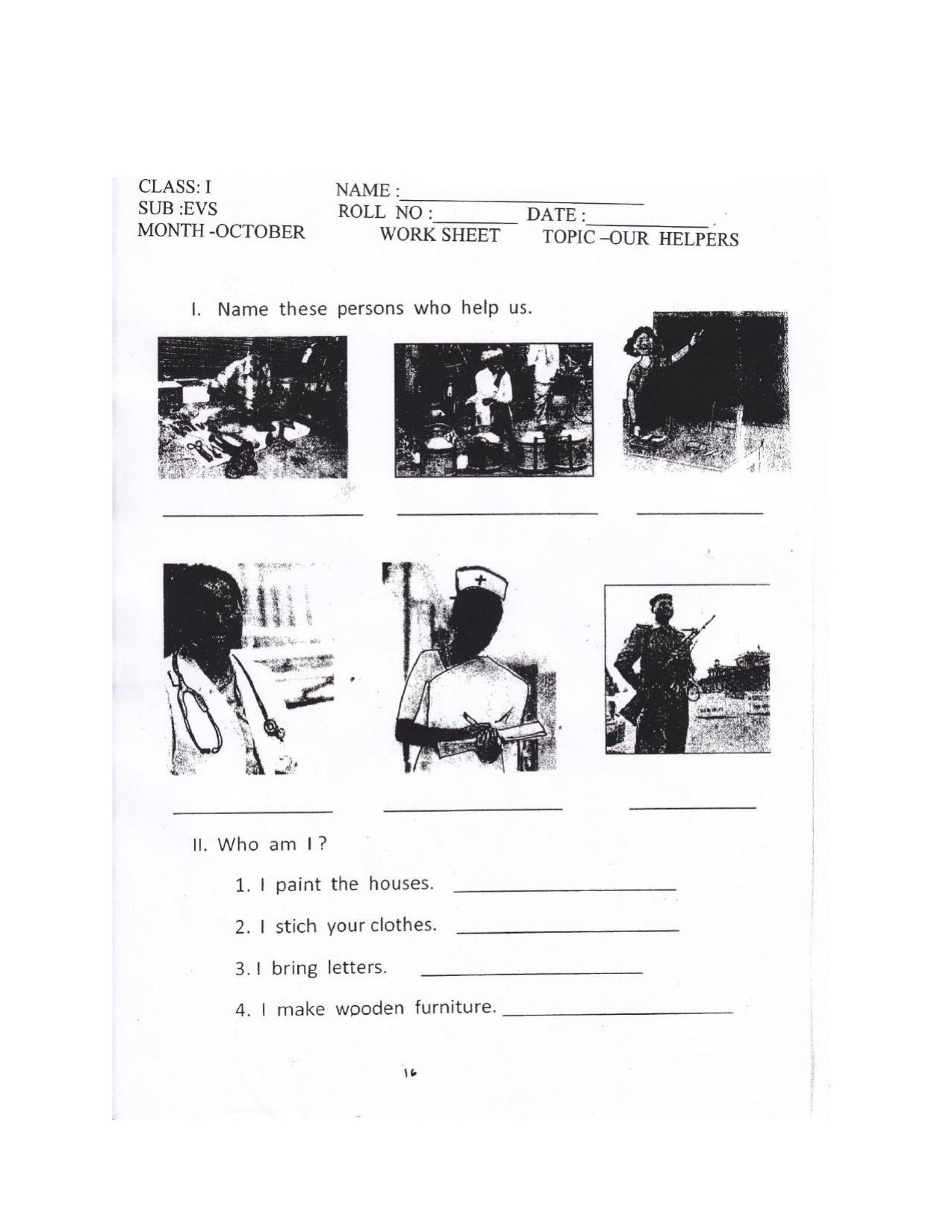 Worksheet for Class 1 EVS Our Helpers Assignment - Page 1