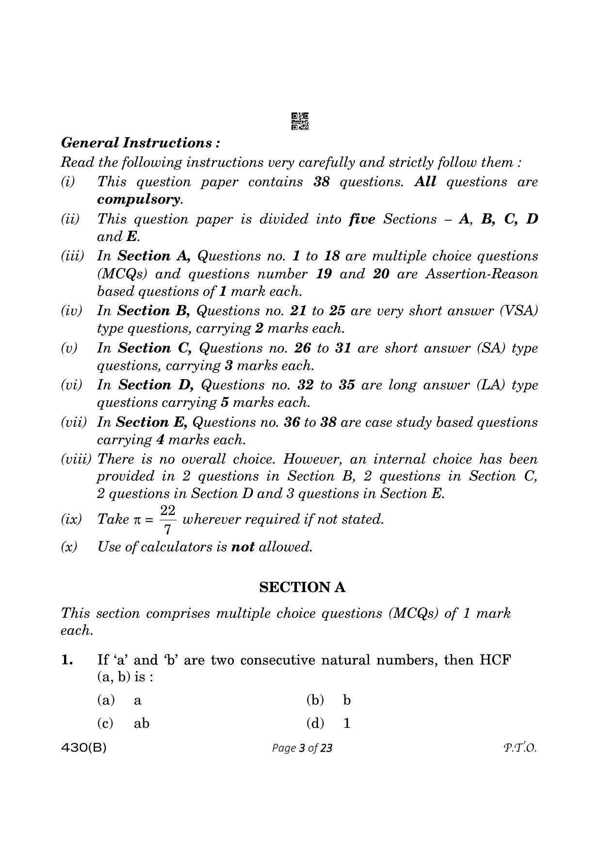 CBSE Class 10 430-B Maths Basic 2023 (Compartment) Question Paper - Page 3