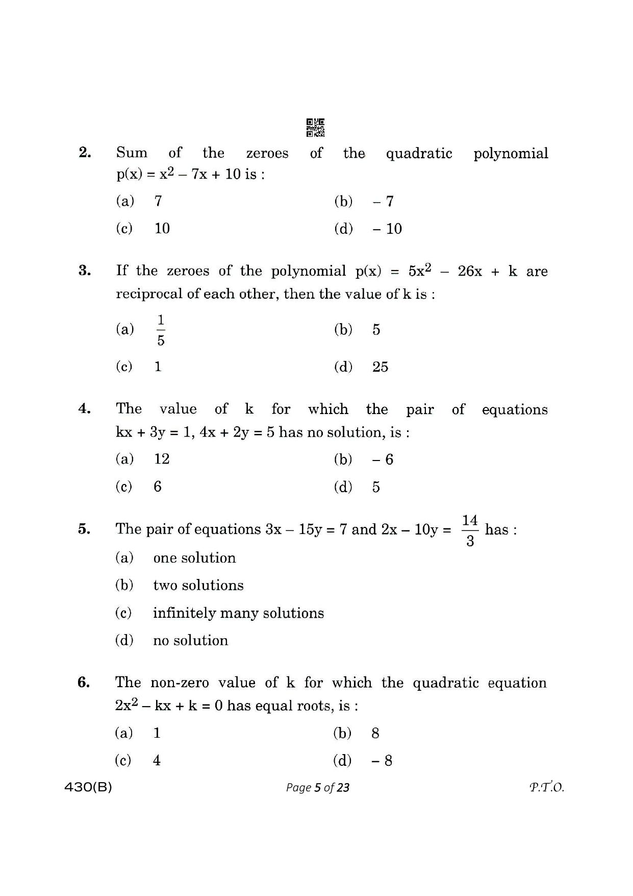 CBSE Class 10 430-B Maths Basic 2023 (Compartment) Question Paper - Page 5
