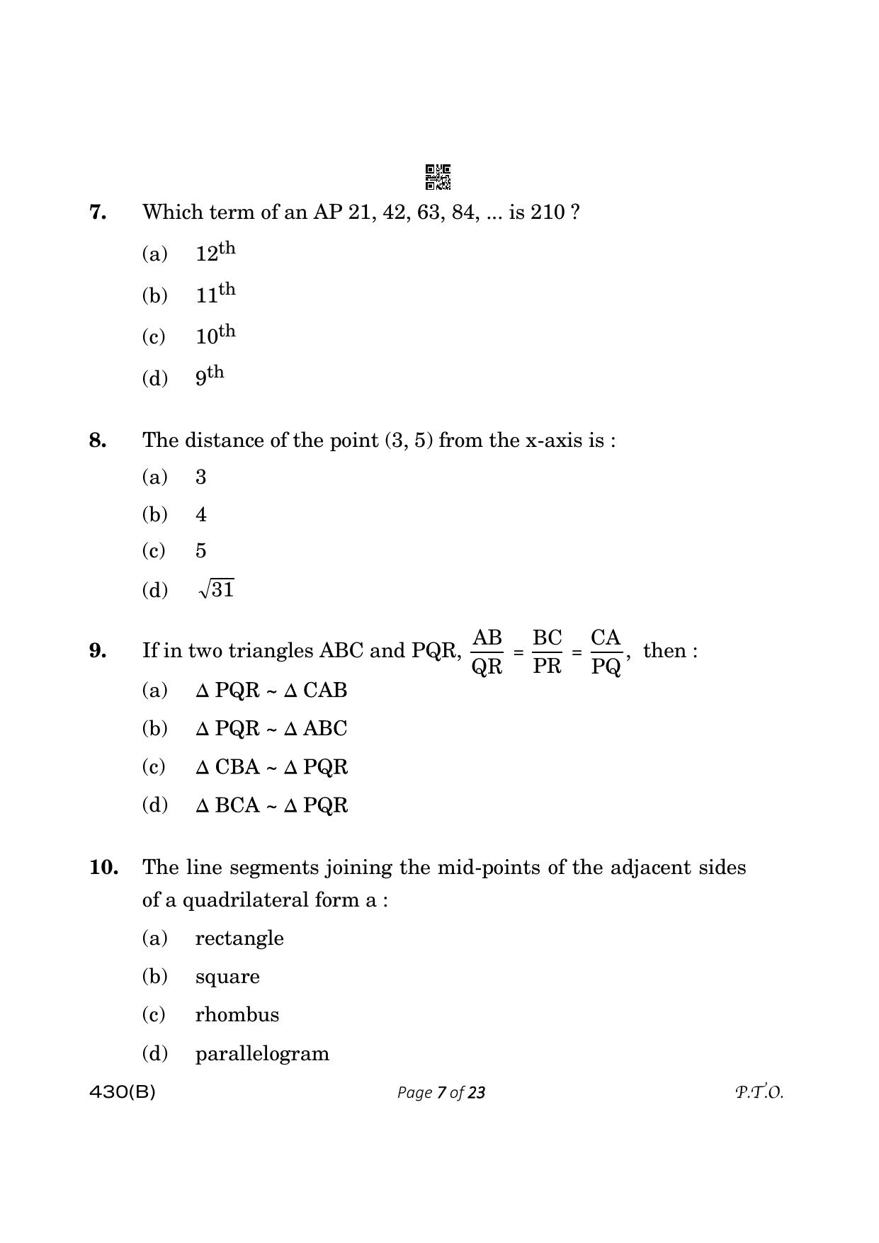 CBSE Class 10 430-B Maths Basic 2023 (Compartment) Question Paper - Page 7