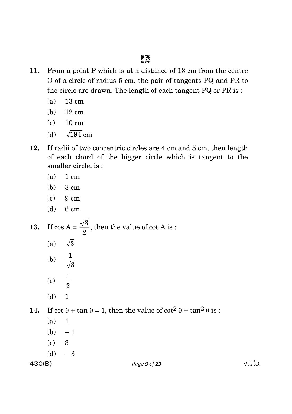 CBSE Class 10 430-B Maths Basic 2023 (Compartment) Question Paper - Page 9