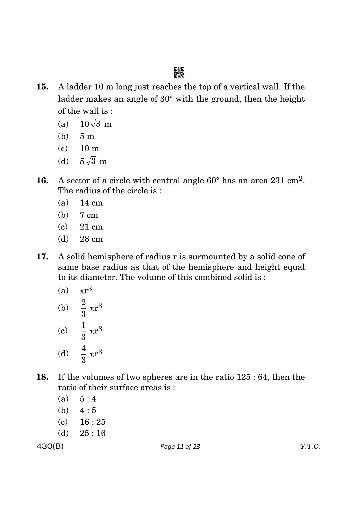 CBSE Class 10 430-B Maths Basic 2023 (Compartment) Question Paper - Page 11