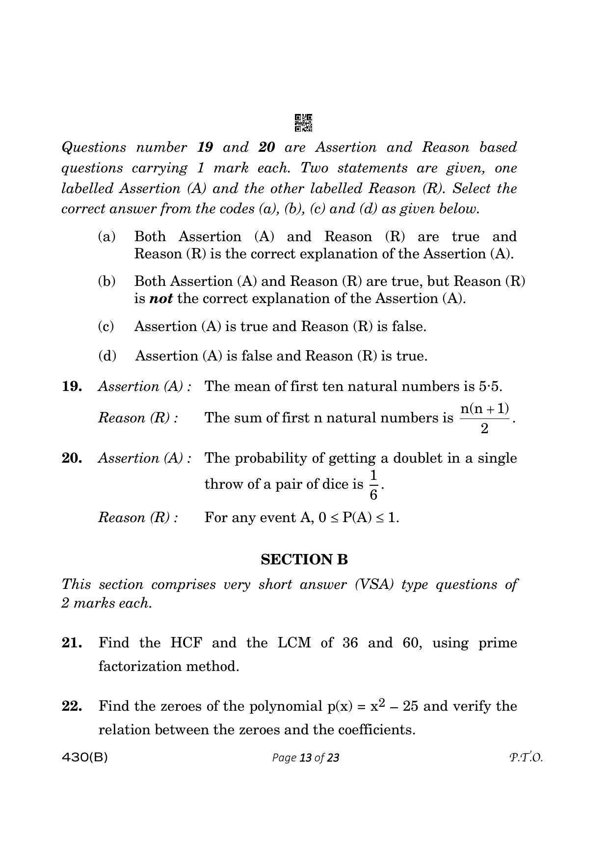 CBSE Class 10 430-B Maths Basic 2023 (Compartment) Question Paper - Page 13