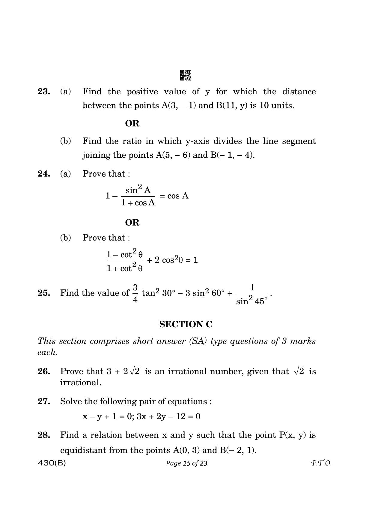 CBSE Class 10 430-B Maths Basic 2023 (Compartment) Question Paper - Page 15