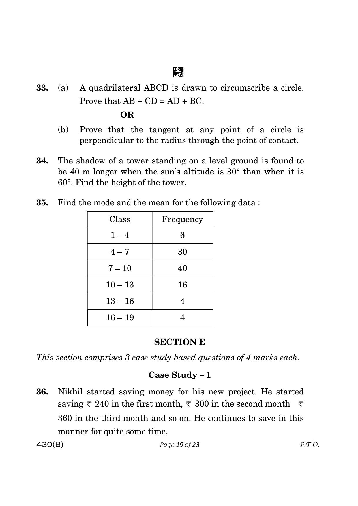 CBSE Class 10 430-B Maths Basic 2023 (Compartment) Question Paper - Page 19