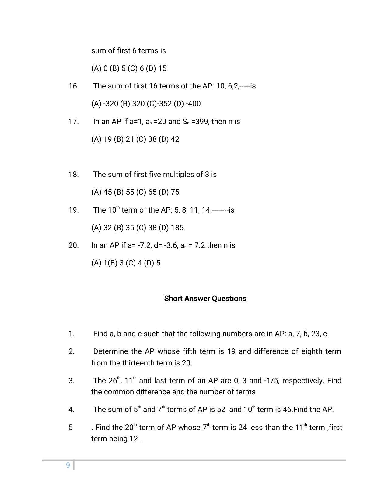 JKBOSE Class 10 Maths: Chapter 5th Arithmetic Progression Question Bank - Page 9