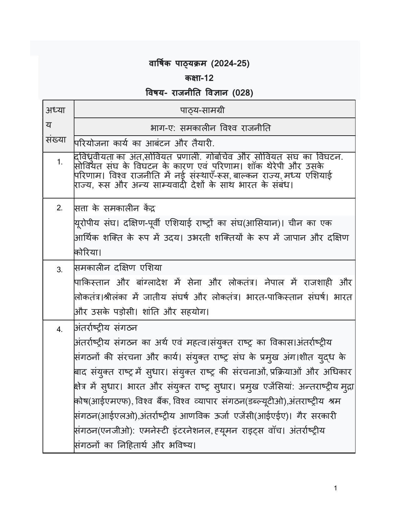 Edudel Class 12 Political Science (Hindi Medium) Syllabus 2025 - Page 1
