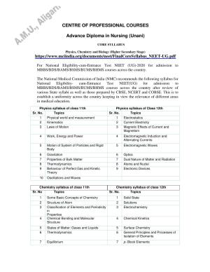 AMU Entrance Exam: Diploma in Nursing (Unani) Syllabus