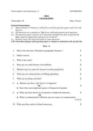Nagaland Board Class 12 GEOGRAPHY 2016 Question Papers