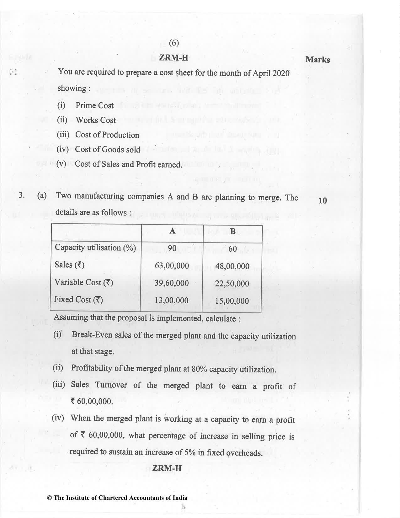 CA Inter Jan 2021 Question Paper - Paper 3 – Cost and Management Accounting - Page 6