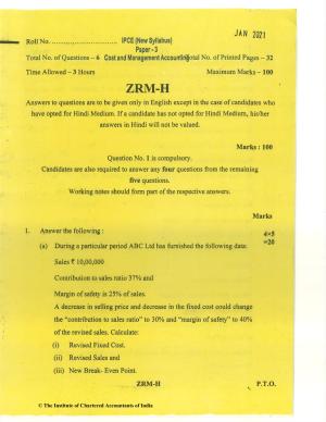 CA Inter Jan 2021 Question Paper - Paper 3 – Cost and Management Accounting