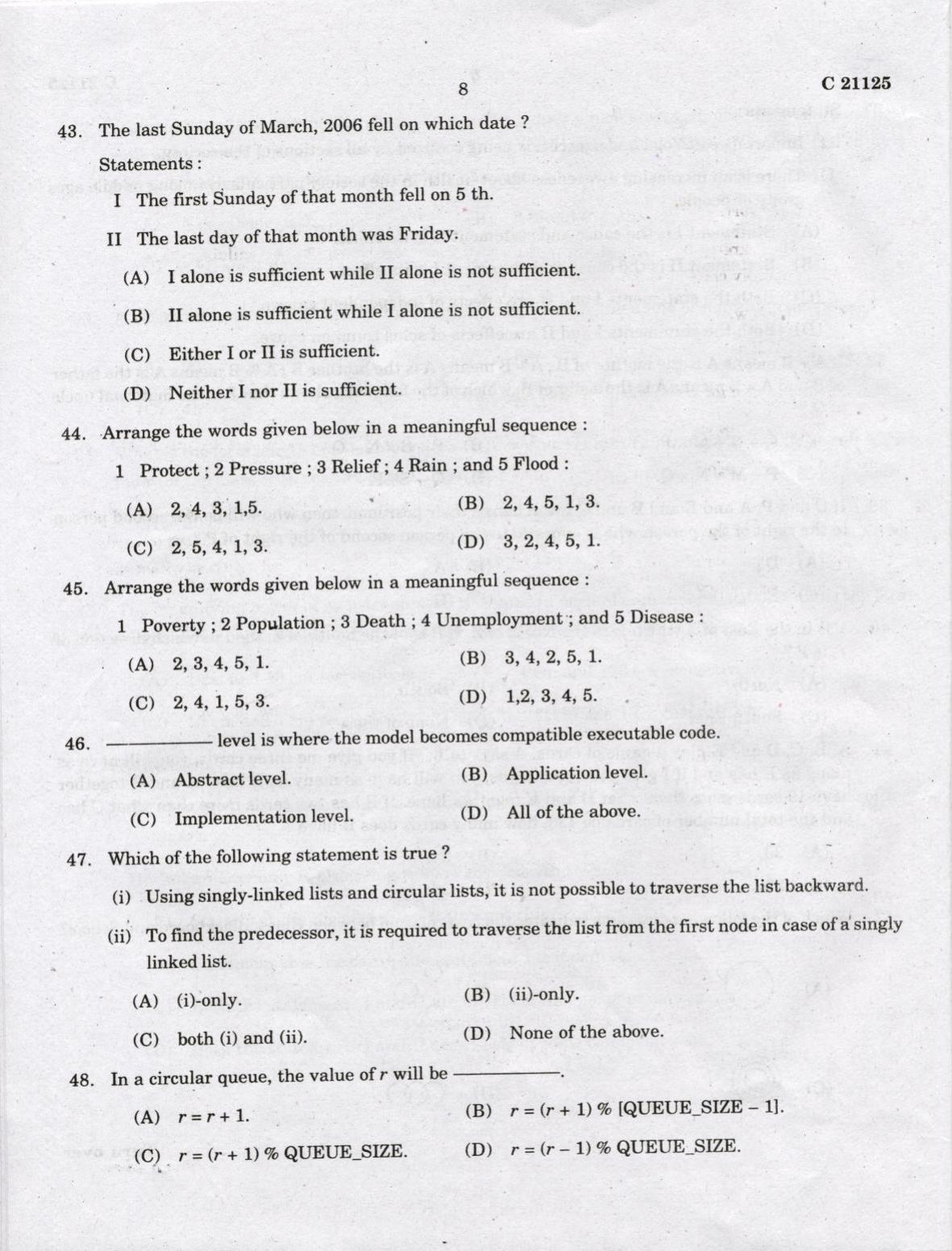 CUCAT 2022 Master of Computer Application (MCA) Question Paper - Page 8